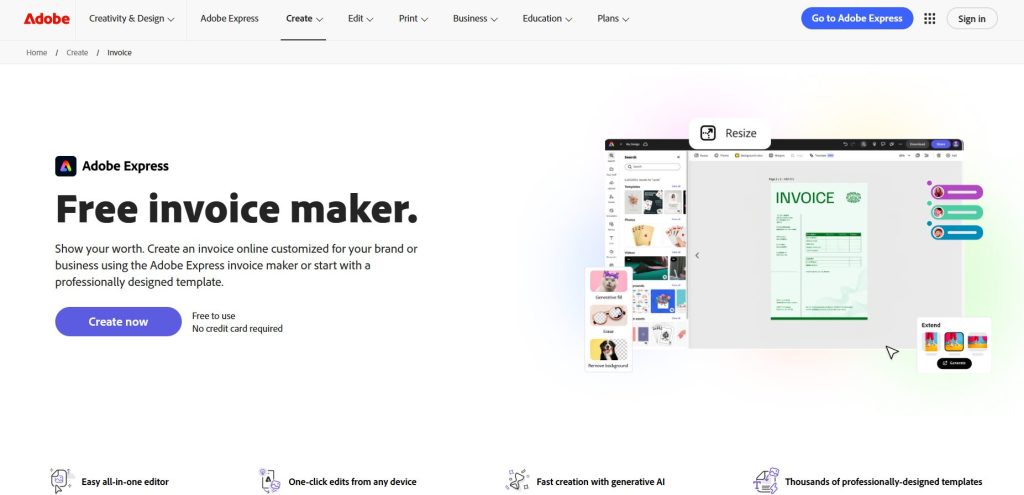 Adobe express hero headline free invoice maker with a left description and a right panel showing an invoice template preview Image