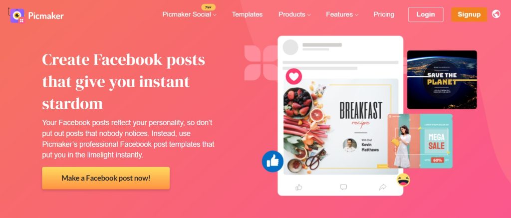 Image | free facebook post creator | entheosweb Bright gradient hero with headline about making facebook posts and a cta button device previews float on the right Image
