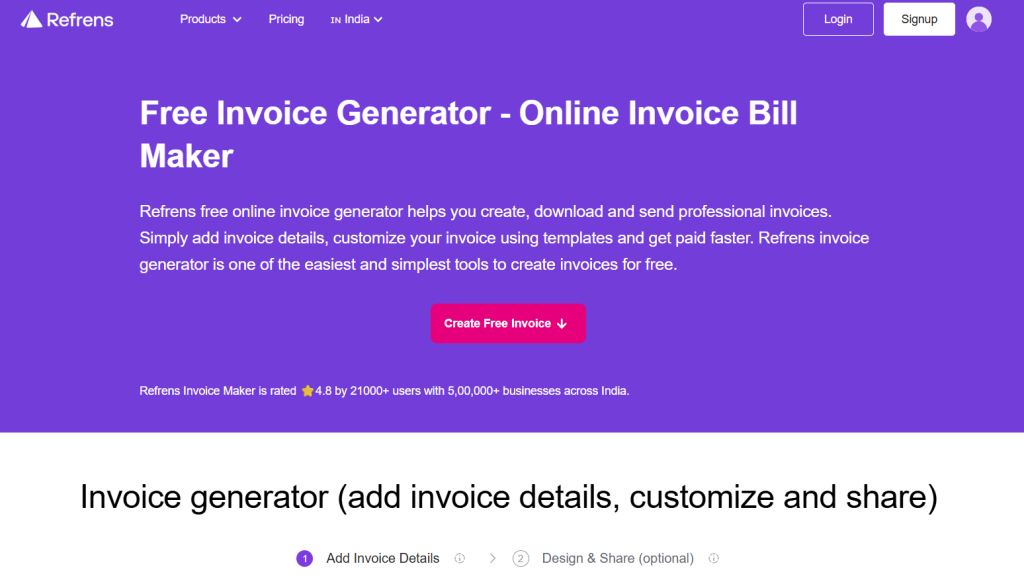 Purple hero banner for refrens free invoice generator with large headline descriptive text and a pink create free invoice call to action button Image