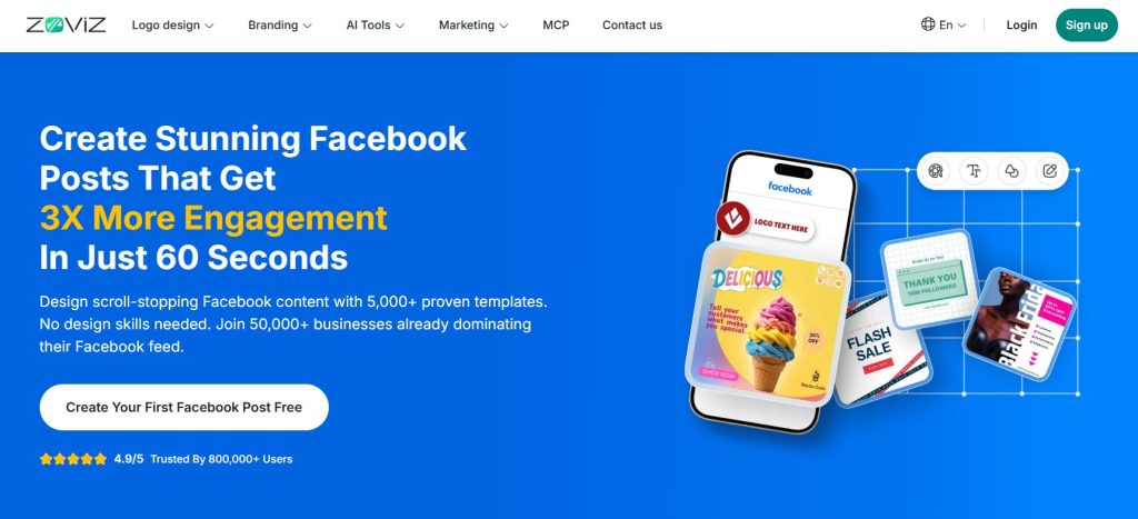 Image | free facebook post creator | entheosweb Hero banner for a social media tool bold white and yellow headline on blue background with phone and sample posts on the right promotes 3x engagement in 60 seconds Image