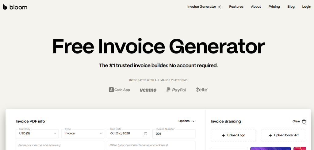 Hero bold free invoice generator with subtitle and row of platform logos cash app venmo paypal zelle on a light background Image