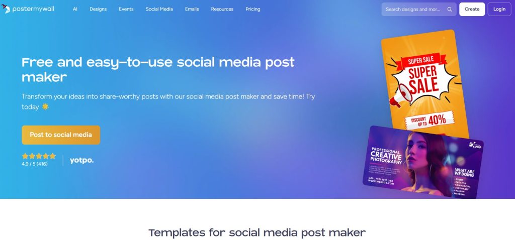 Image | free facebook post creator | entheosweb Hero banner for postermywall with a blue gradient background large white text free and easy to use social media post maker and a yellow post to social media button plus promo cards on the right Image