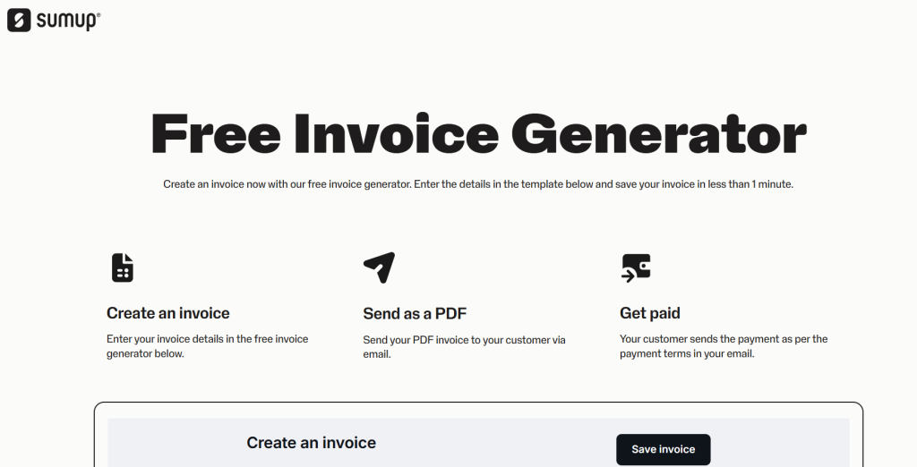 Sumup free invoice generator hero with bold headline and three feature icons create an invoice send as a pdf get paid plus logo in the top left corner Image
