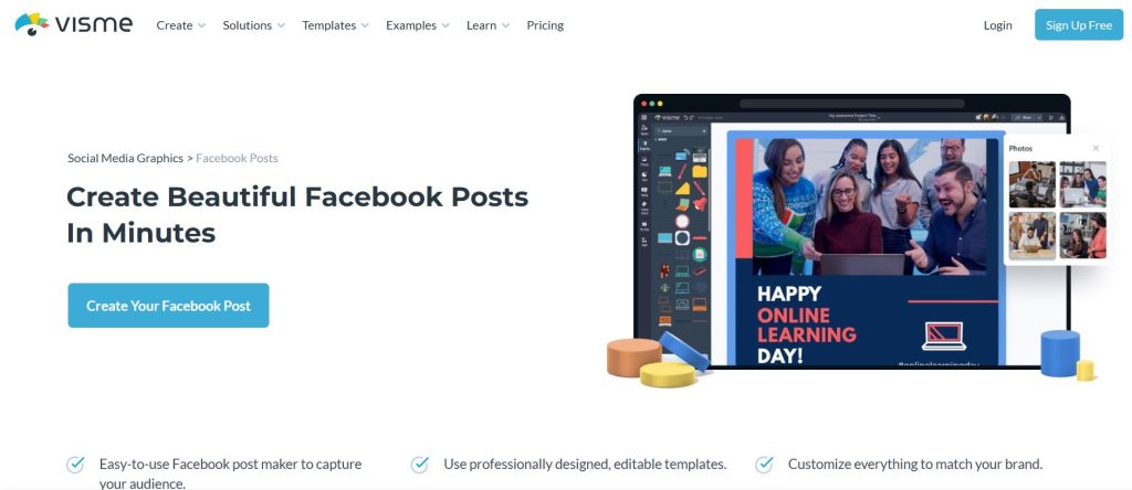 Image | free facebook post creator | entheosweb Visme hero headline create beautiful facebook posts in minutes with a blue create your facebook post button and an illustration of a design workspace on a computer screen Image