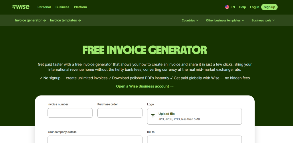 Hero section with dark green background showing the headline free invoice generator and descriptive text about free invoicing and sign up link for wise business Image