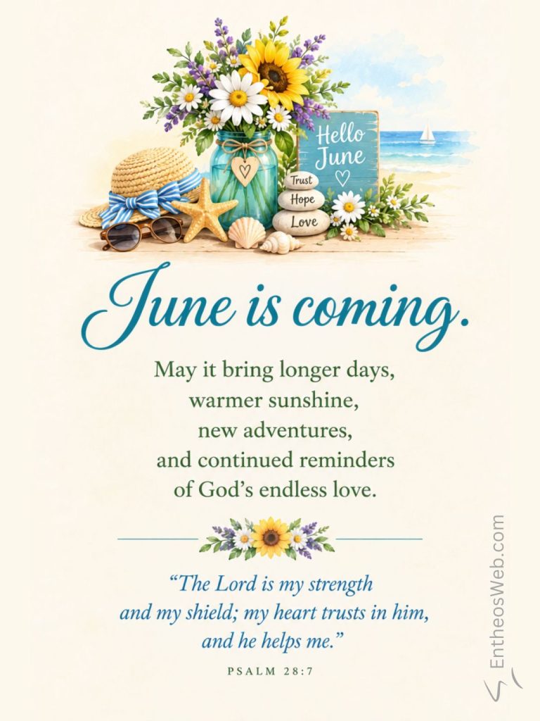Summer themed poster with a bouquet in a blue jar seashells and the message  june is coming'June is coming' with a Bible verse.