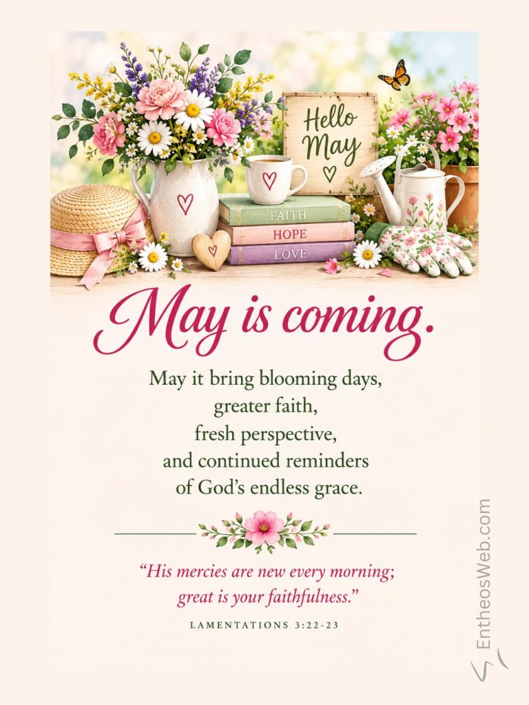 Floral arrangement with a white pitcher a  may'Hello May' sign and pastel books on a wooden table; a May-themed decorative card with a verse.