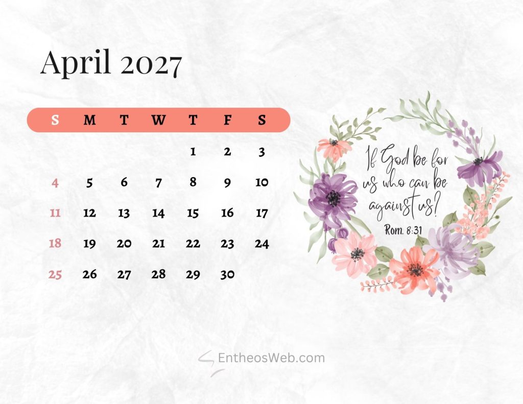April 2027 calendar page with decorative pink header bar and floral rightside bouquet christian bible april 2027 calendar printable sunday start