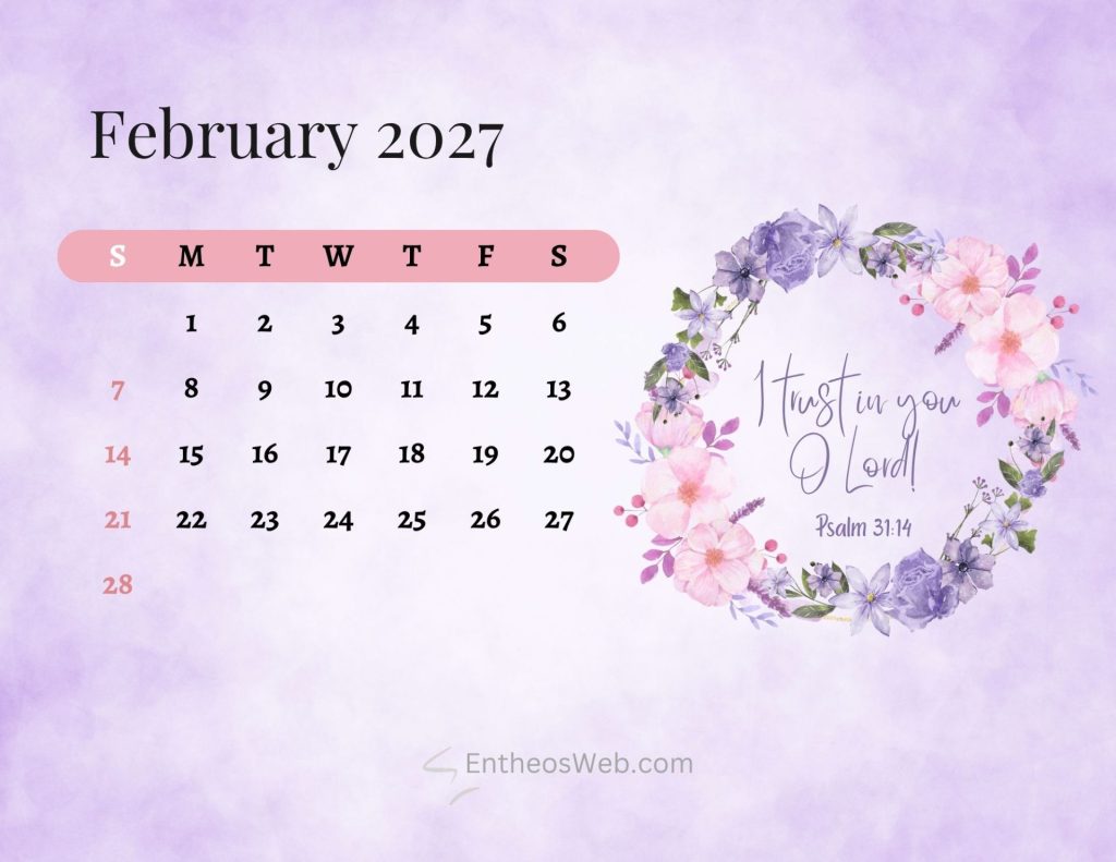 February 2027 calendar page with a pink rounded bar for sundays and a floral purple pink border on the right side Christian bible february 2027 calendar printable sunday start