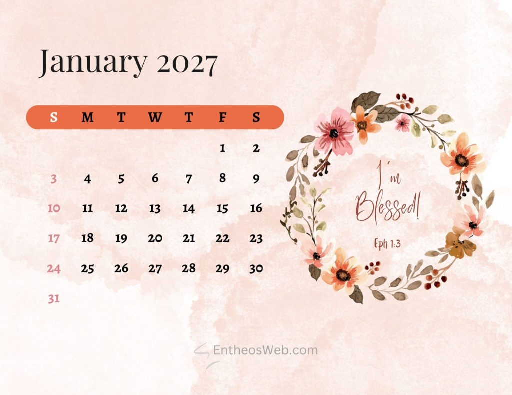 January 2027 calendar on a soft pink floral background with a rounded orange week banner Christian bible january 2027 calendar printable sunday start