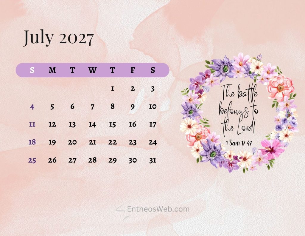 July 2027 calendar page on a pink watercolor background with a purple rounded week bar and floral corner on the right date grid below Christian bible july 2027 calendar printable sunday start