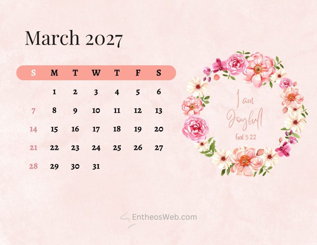 March 2027 calendar on a soft pink background with a floral wreath on the right side in pink tones Christian bible march 2027 calendar printable sunday start