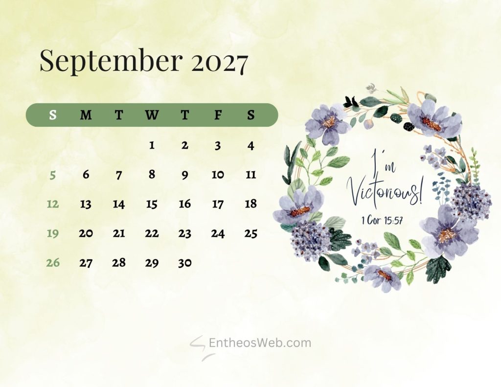 September 2027 calendar page with days across the top and a floral border on the right christian bible september 2027 calendar printable sunday start