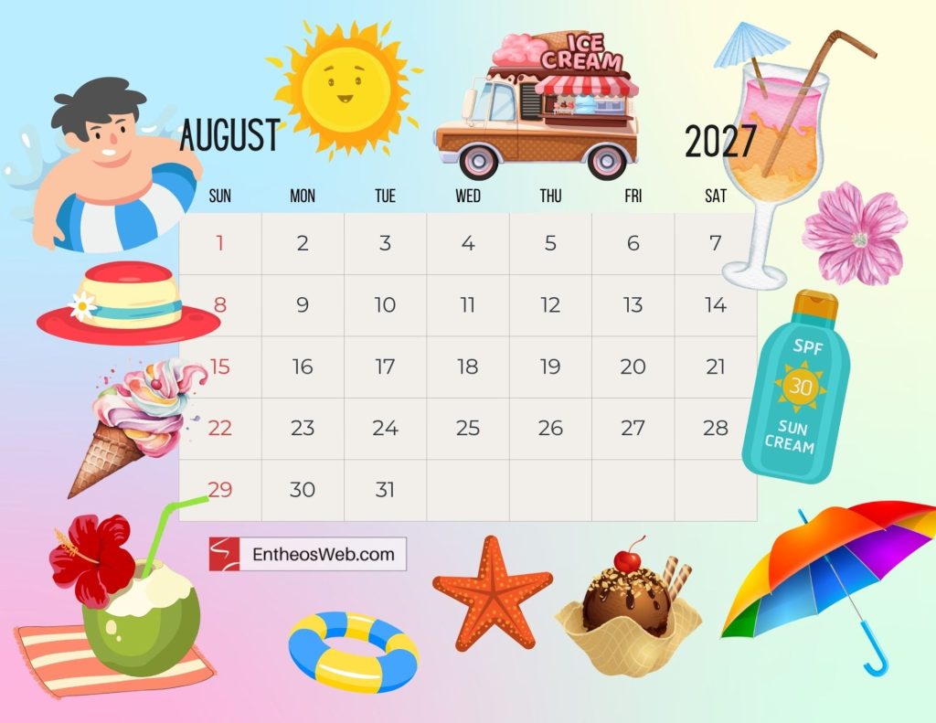 Colorful august 2027 calendar page with summer illustrations sun inflatable kid ice cream truck drinks sunscreen and a date grid Free 2027 thematic printable calendar august entheosweb