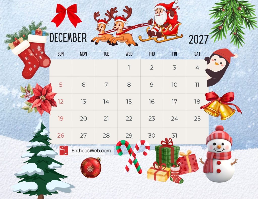 December 2027 calendar header with santa in a sleigh reindeer stockings and festive decorations on a snowy background Free 2027 thematic printable calendar december entheosweb