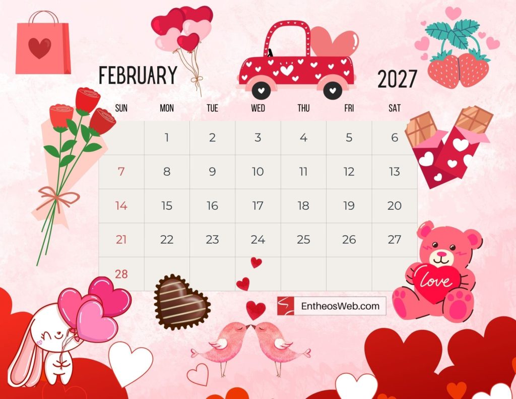 February 2027 calendar grid with valentines day themed decorations and gift icons on a pink background Free 2027 thematic printable calendar february entheosweb