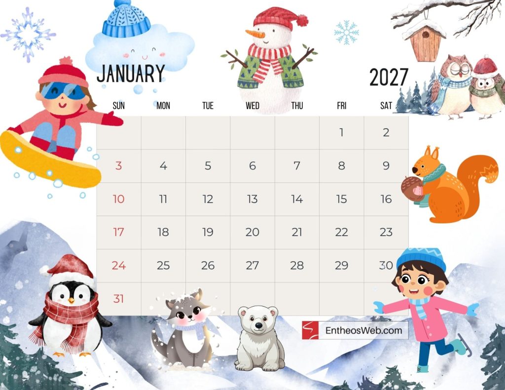 January calendar page with a snowy winter theme and a grid of days surrounded by playful illustrations of kids and animals around the border Free 2027 thematic printable calendar january entheosweb