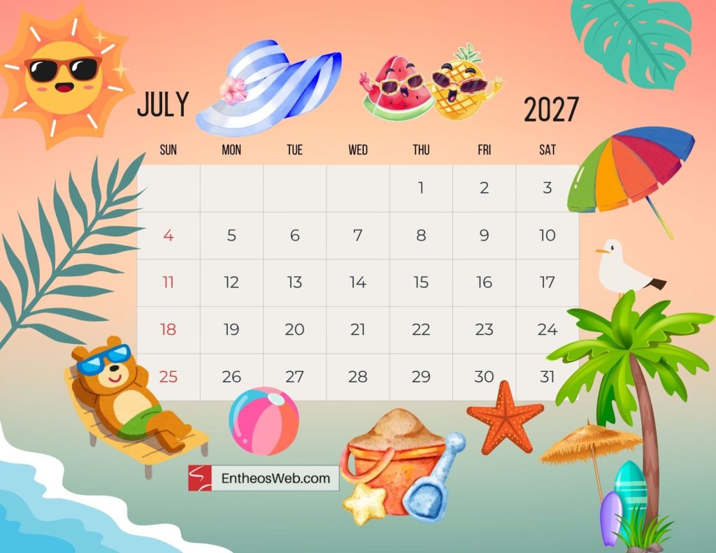 Bright july 2027 calendar on a tropical beach with sun hat fruits and beach decorations in warm sunset colors Free 2027 thematic printable calendar july entheosweb