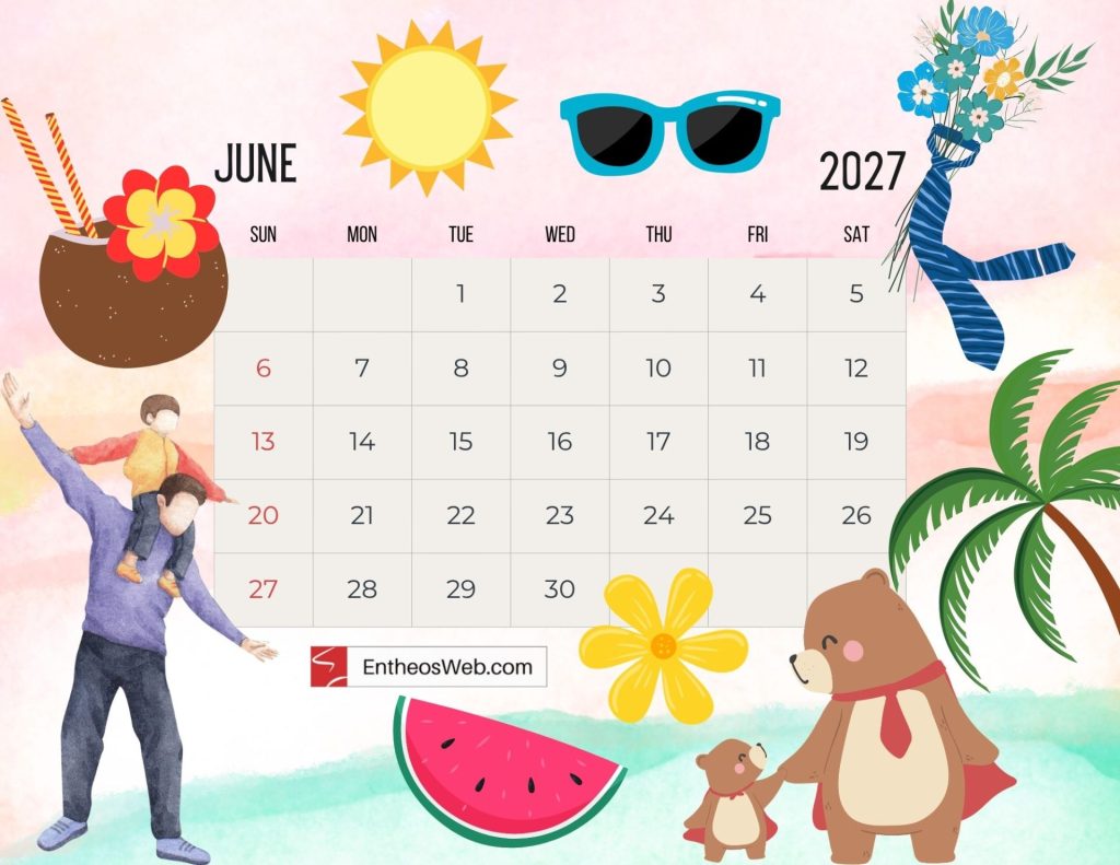 Decorative june 2027 calendar on a pink tropical background with sun sunglasses a coconut drink flowers palm trees and playful characters Free 2027 thematic printable calendar june entheosweb