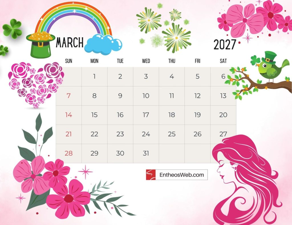 March 2027 calendar page with rainbow shamrocks and floral decorations on a pink background includes a calendar grid and a pink haired illustration on the right Free 2027 thematic printable calendar march entheosweb