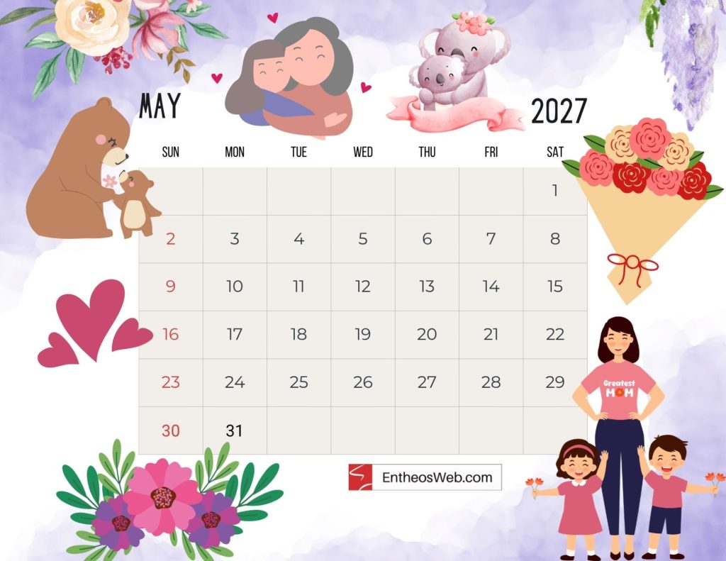 May 2027 calendar page decorated with cuddly animals flowers and a family illustration at the top left and right edges Free 2027 thematic printable calendar may entheosweb
