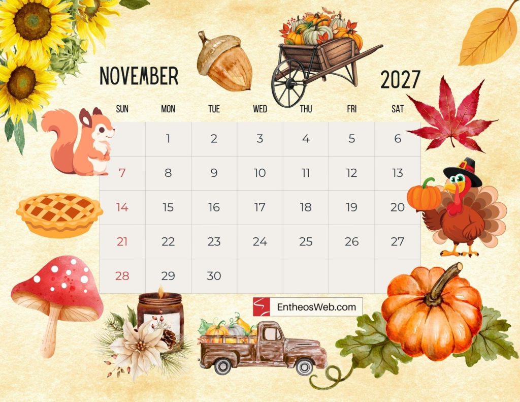 Calendar page for november 2027 with autumn theme and decorative pumpkins sunflowers leaves and a wagon of gourds in the header Free 2027 thematic printable calendar november entheosweb