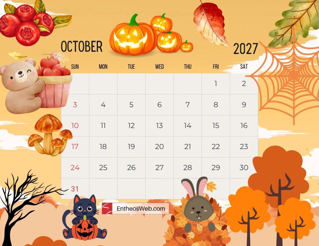 Decorative october 2027 calendar page featuring pumpkins autumn leaves a spiderweb and cute animals Free 2027 thematic printable calendar october entheosweb