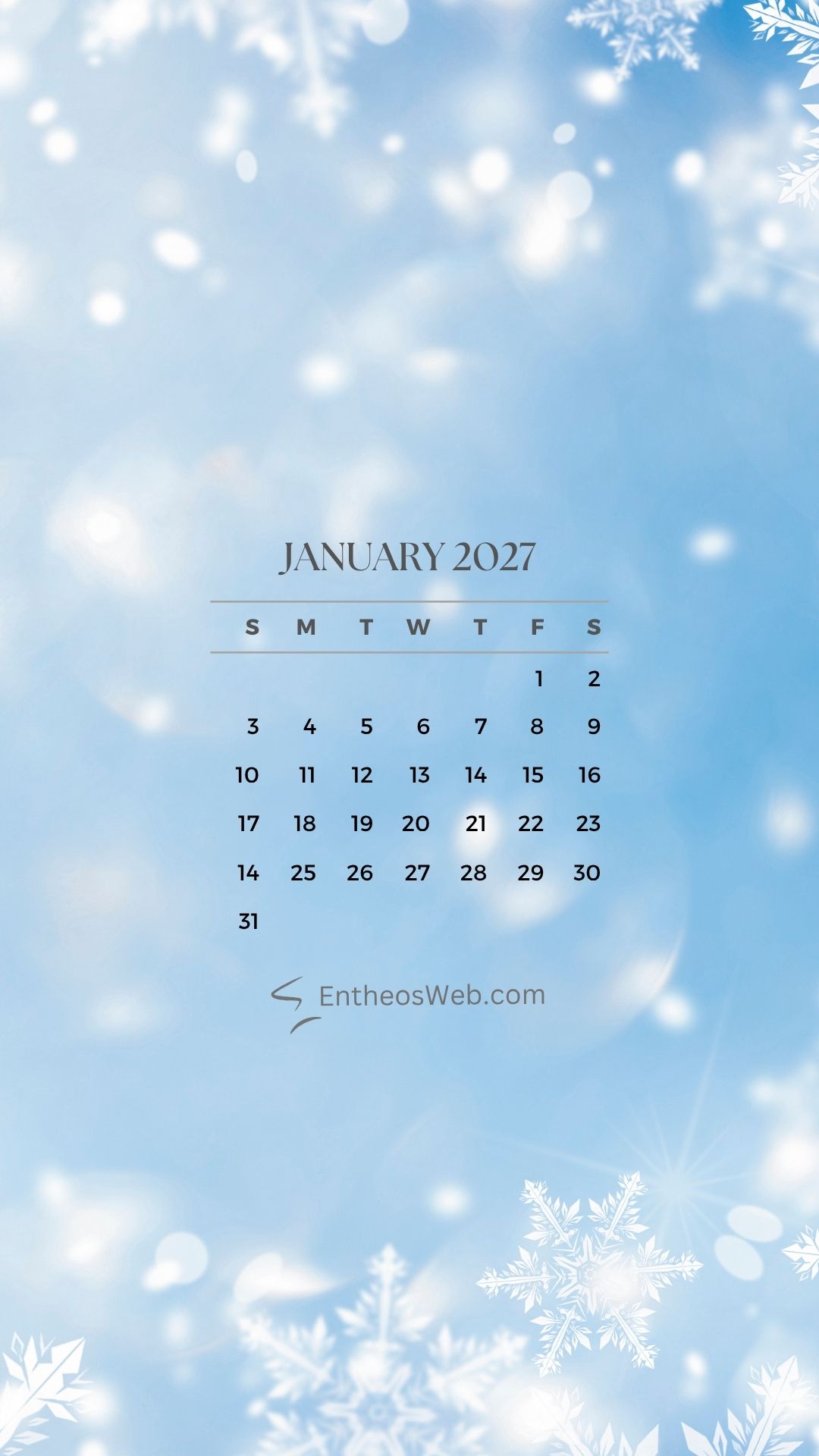 January 2027 phone wallpaper by entheosweb 4 | january 2027 calendar phone wallpapers | entheosweb January 2027 calendar grid showing days and dates on a blue snowy background with the entheosweb Com logo January 2027 phone wallpaper by entheosweb 4
