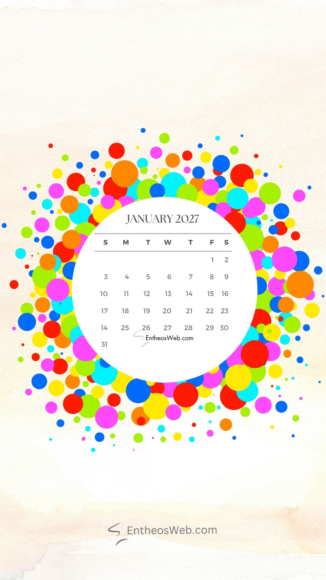 January 2027 phone wallpaper by entheosweb 7 | january 2027 calendar phone wallpapers | entheosweb January 2027 calendar on a white circle with days of the week surrounded by colorful confetti on a beige textured background entheosweb Com at the bottom January 2027 phone wallpaper by entheosweb 7