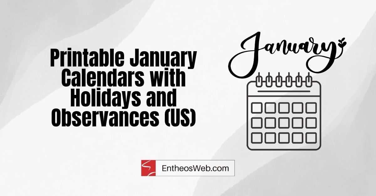 Printable January Calendars with Holidays & Observances
