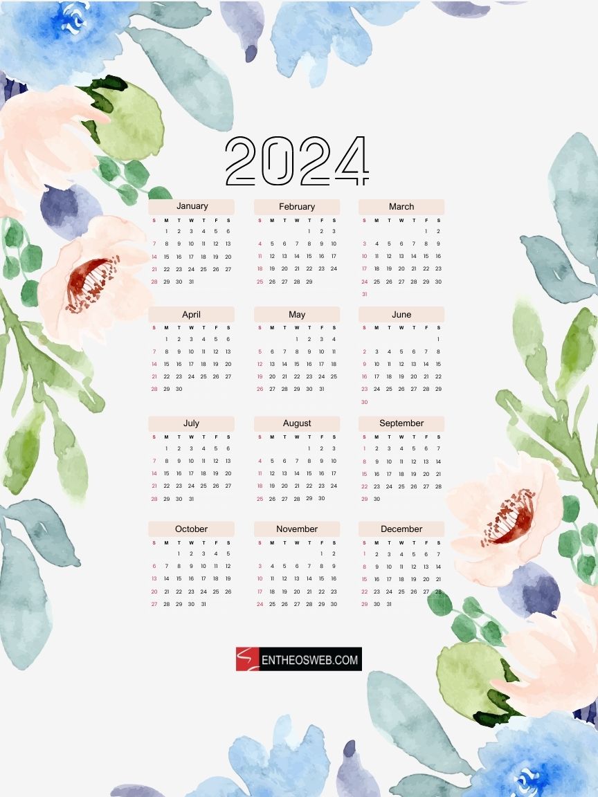 2024 calendar poster printable pdf flowers printable pdf